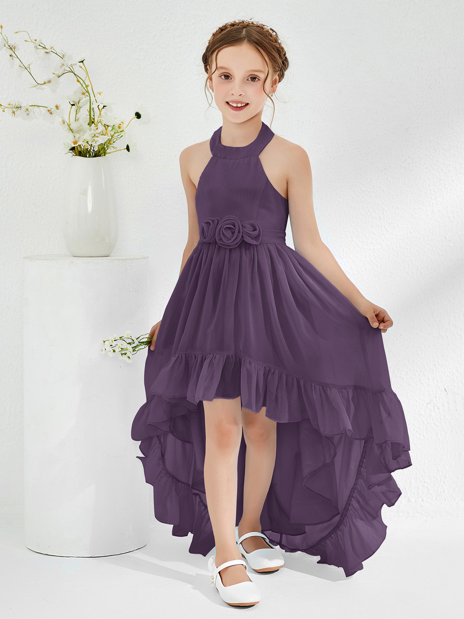 Asymmetrical Junior Bridesmaid Dresses with Flower Plum
